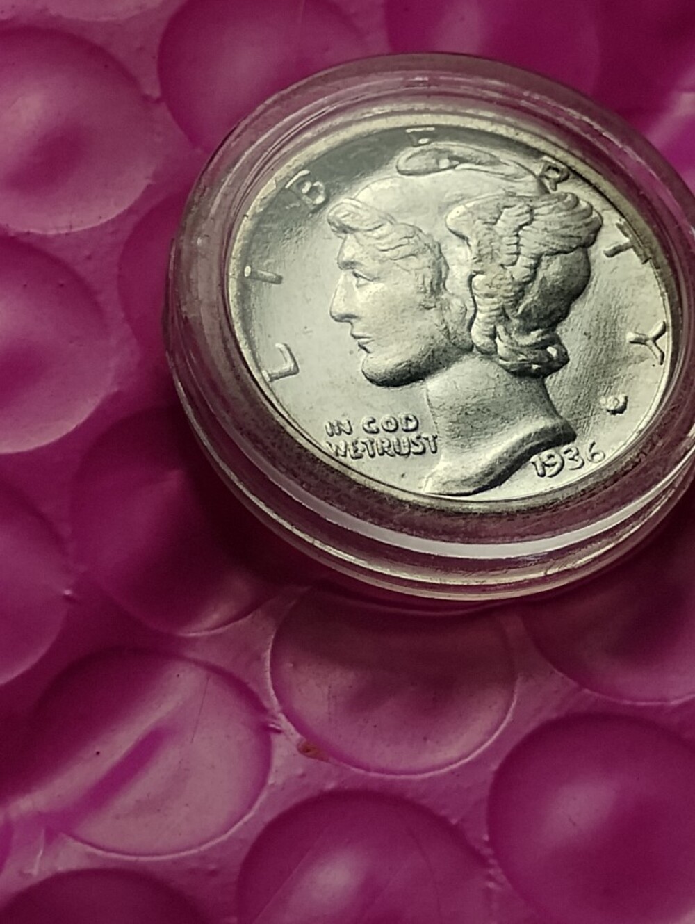 1936 Mercury Dime in Protective Capsule 90%- Silver Very Good Detail